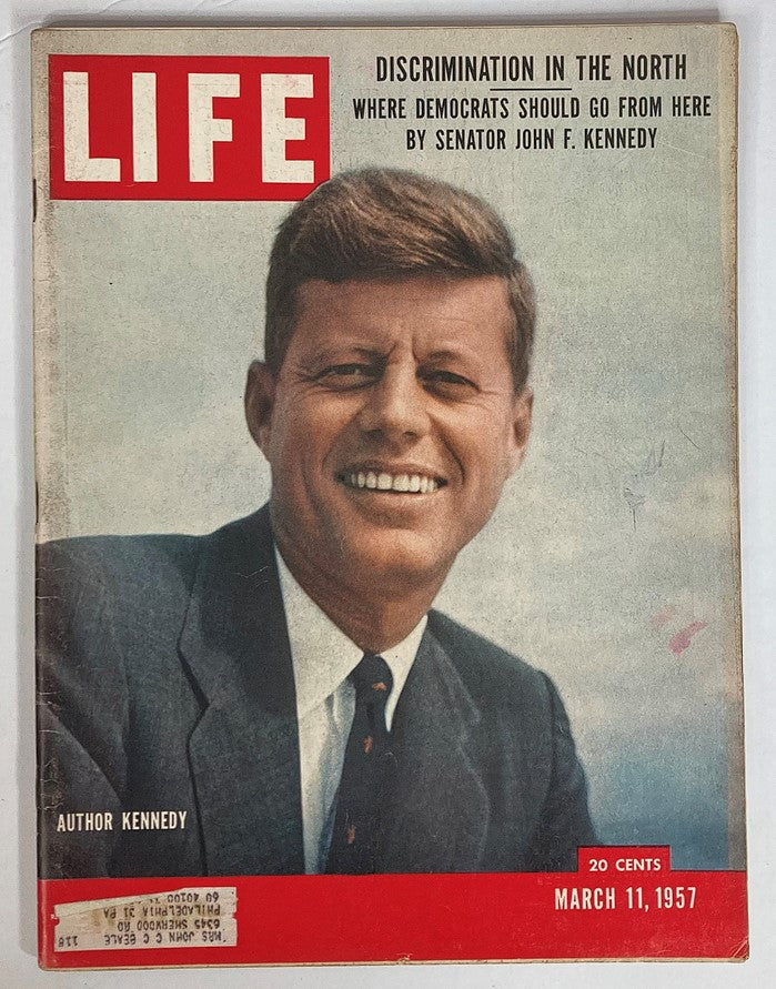 Cover of VTG Life Magazine March 11, 1957, featuring Senator John F. Kennedy, highlighting the article 'Discrimination in the North'.