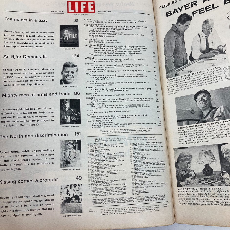 Table of contents from VTG Life Magazine March 11, 1957, Vol 42 No 10, showcasing key articles including features by Senator John F. Kennedy.