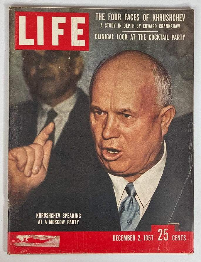 VTG Life Magazine December 2 1957 Vol 43 #23 featuring Nikita Khrushchev speaking at a Moscow party.