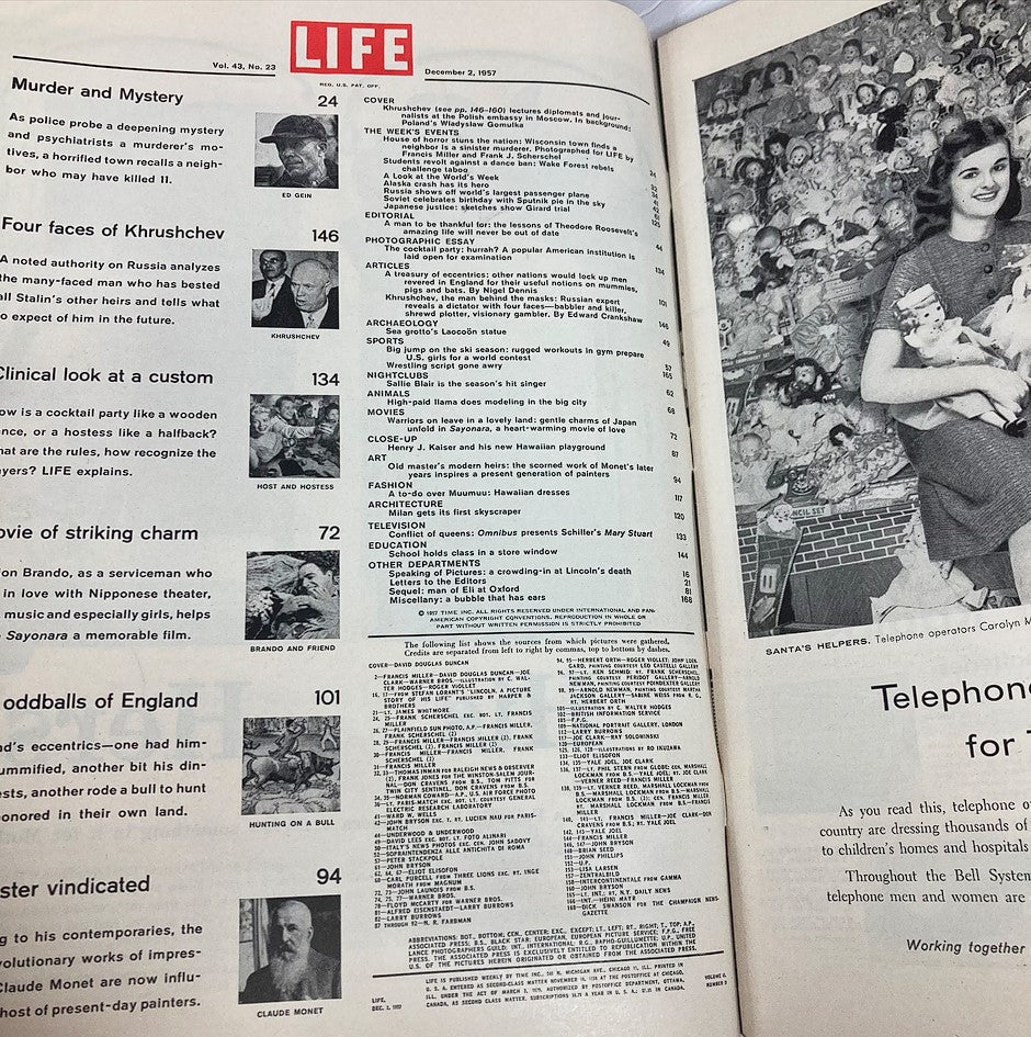 Inside page of VTG Life Magazine December 2 1957 Vol 43 #23 showcasing the table of contents.