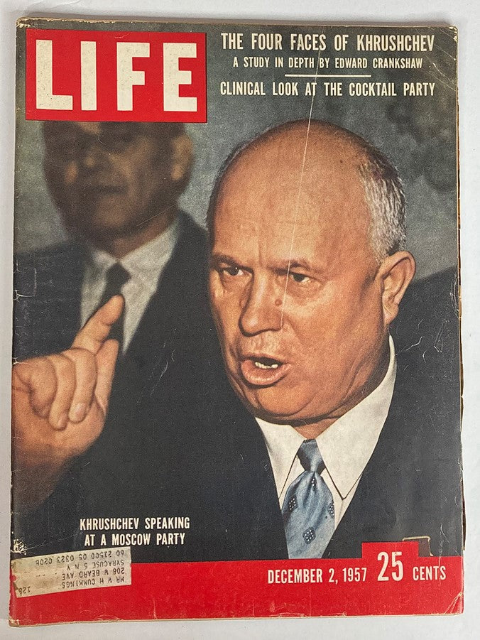 Vintage Life Magazine from December 2, 1957, featuring 'The Four Faces of Nikita Khrushchev' on the cover, showcasing Khrushchev speaking at a Moscow party.
