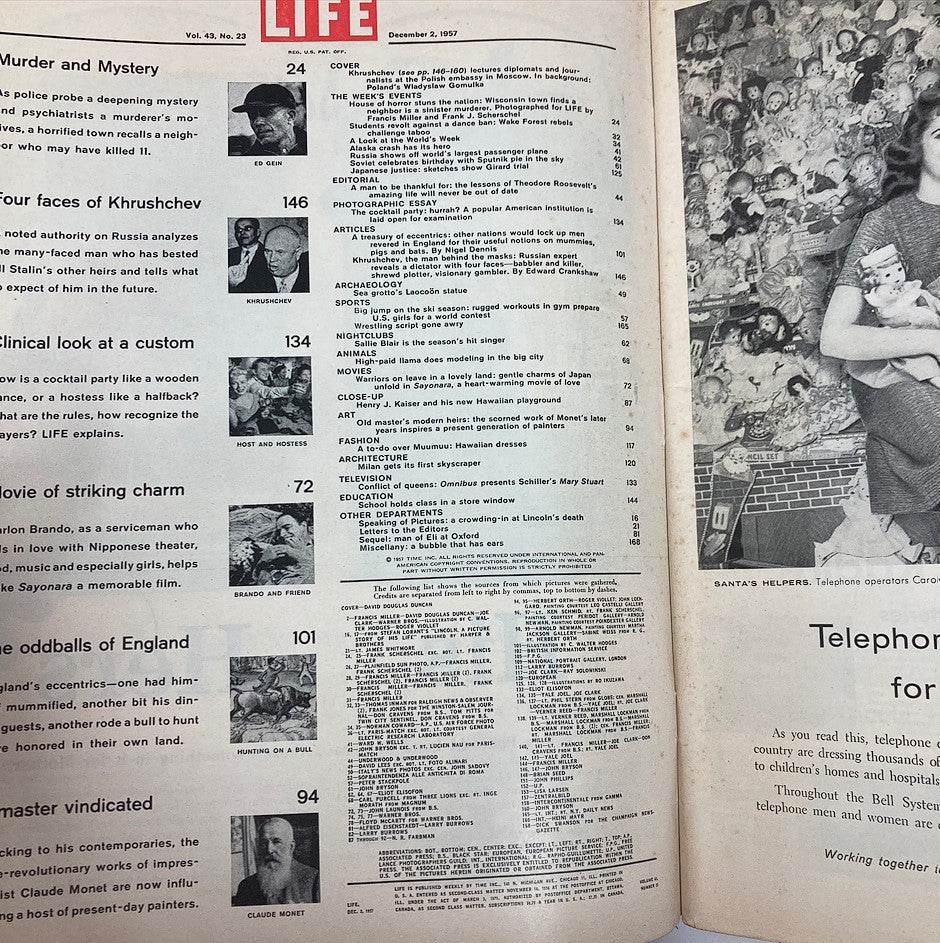 Contents page of the VTG Life Magazine from December 2, 1957, Volume 43 Number 23 featuring the main article 'The Four Faces of Nikita Khrushchev' and a range of topics including murder, customs, and notable features of the issue.