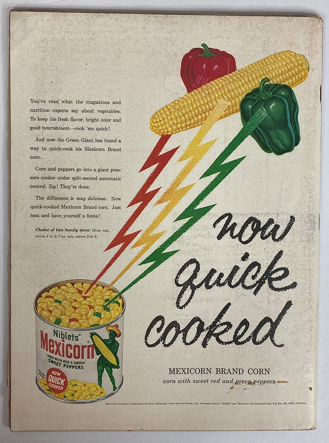 Advertisement from the back cover of the VTG Life Magazine December 2, 1957, promoting Niblets Mexicorn Brand Corn with colorful graphics highlighting cooking advantages and a fresh vegetable theme.