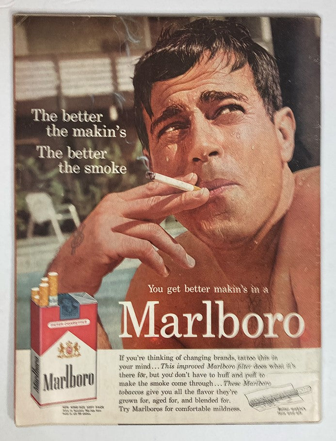 Vintage advertisement for Marlboro cigarettes from the July 6, 1959 issue of Life Magazine, emphasizing the slogan 'You get better makin's in a Marlboro' accompanied by an image of a rugged man smoking. Reflects the advertising style of the late 1950s.