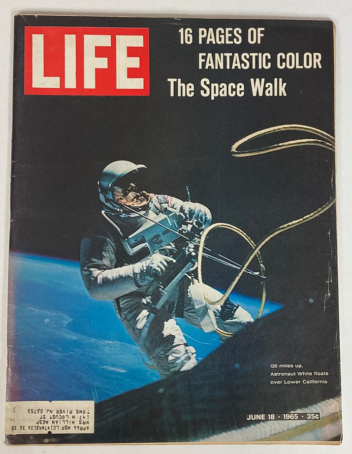 Cover of VTG Life Magazine dated June 18, 1965, Volume 58, Issue 24, featuring a colorful image of astronaut Jim McDivitt during the historic spacewalk, highlighting the theme 'The Space Walk'.