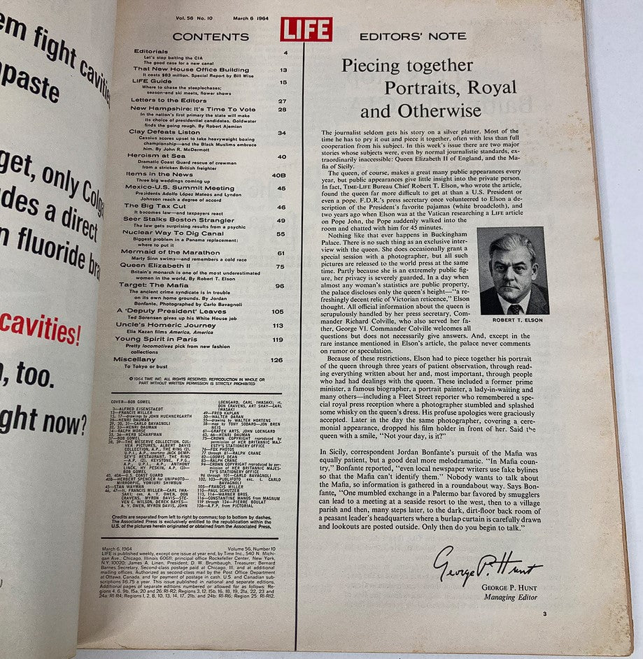 Inside page of VTG Life Magazine March 6 1964 displaying the table of contents, including articles related to Cassius Clay and other cultural topics.