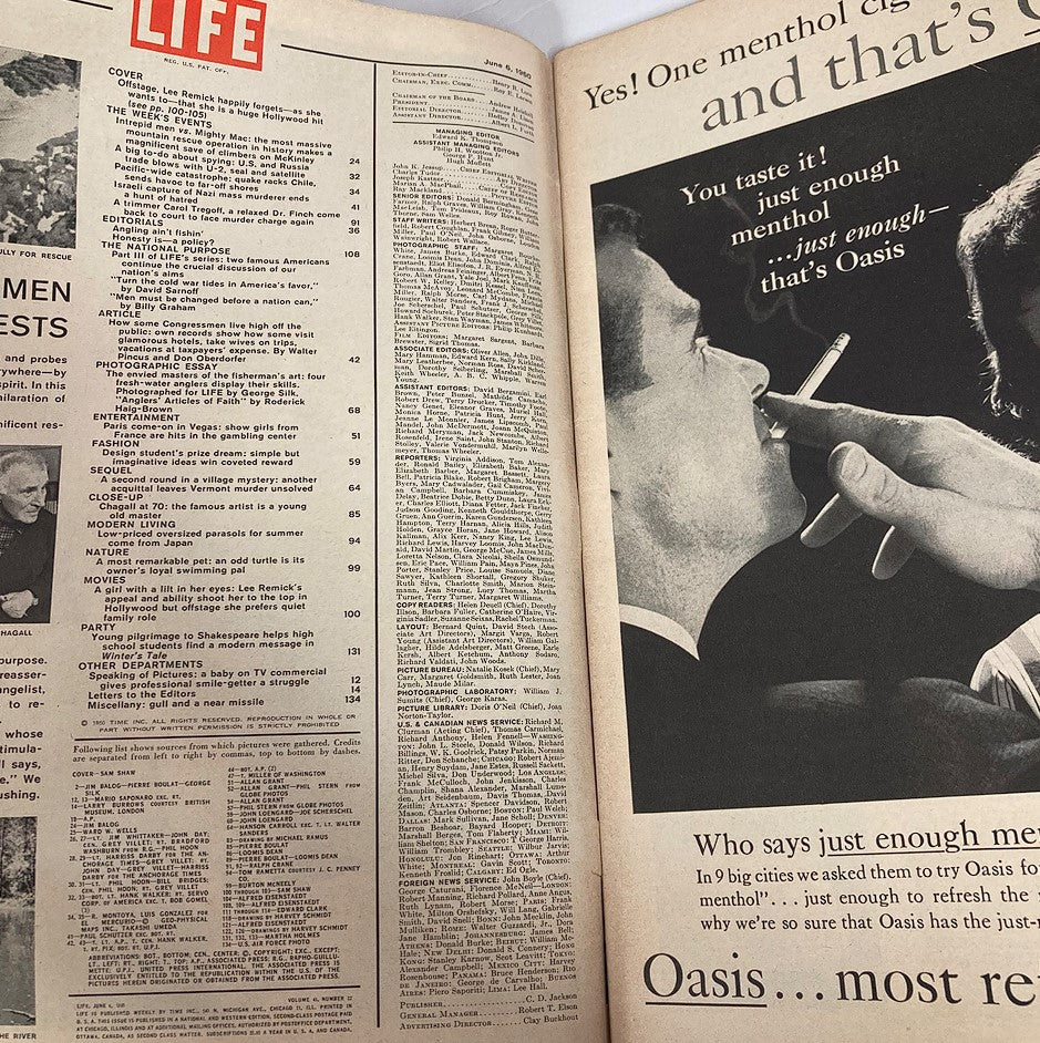 Inside page of VTG Life Magazine June 6 1960, featuring a table of contents with various articles on entertainment and cultural topics from the era.
