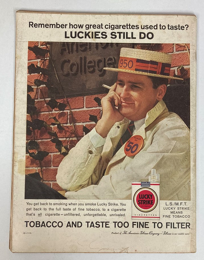 Back cover of VTG Life Magazine June 6 1960 promoting Lucky Strike cigarettes, depicting a young man in a college setting, advertising the brand's nostalgic appeal.