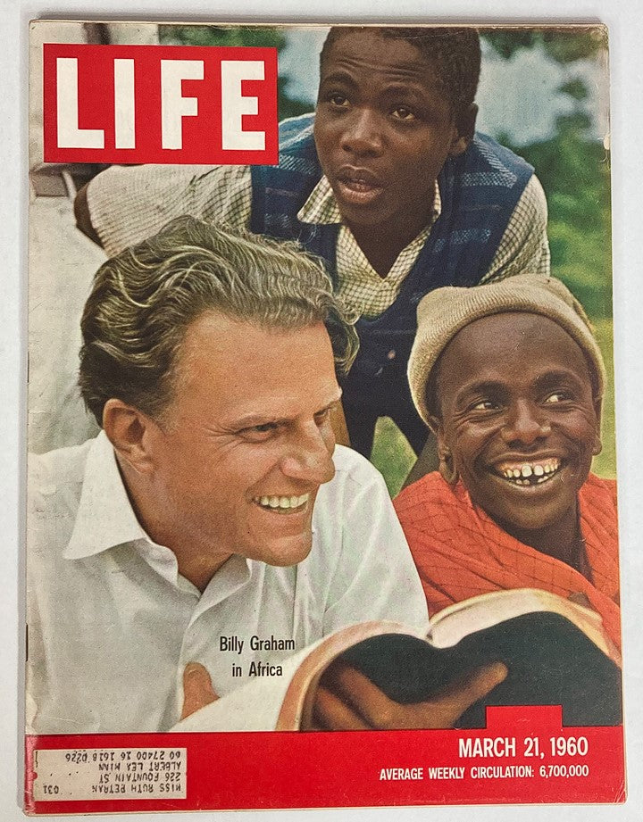 VTG Life Magazine March 21 1960, featuring a captivating cover photograph of Billy Graham in Africa, showcasing his influential role during a vital period in history.