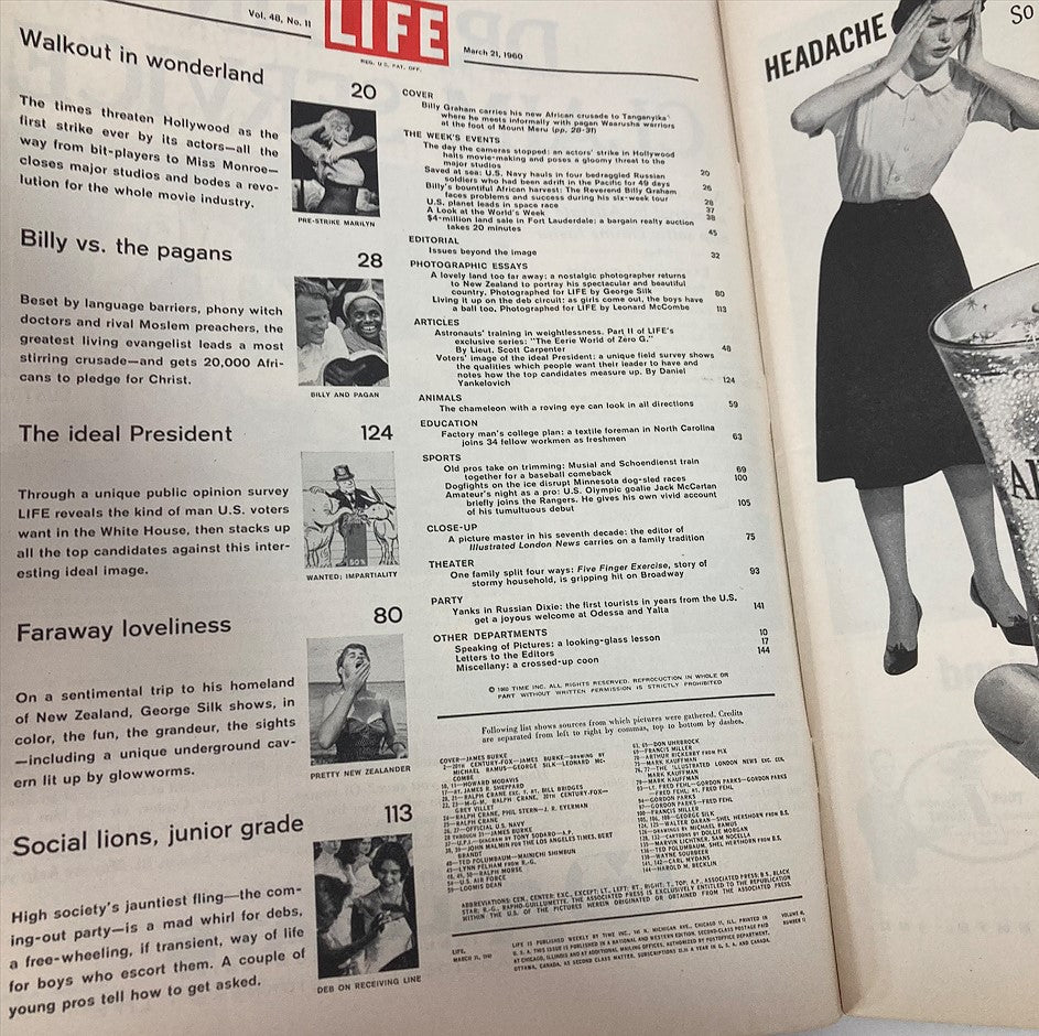 Inside page of VTG Life Magazine from March 21 1960, displaying the table of contents, highlighting articles including Billy Graham's mission and cultural insights from the era.