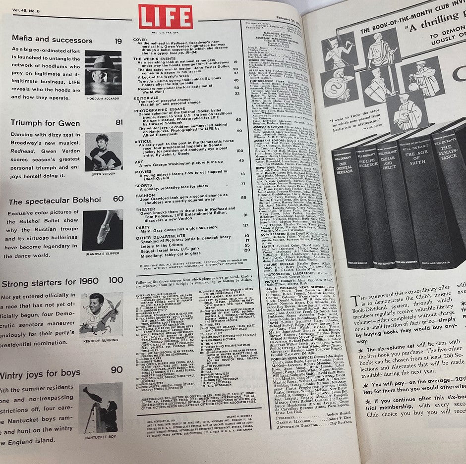 Inside page from VTG Life Magazine February 23, 1959, displaying the table of contents and various articles, emphasizing Gwen Verdon's highlights in Broadway.