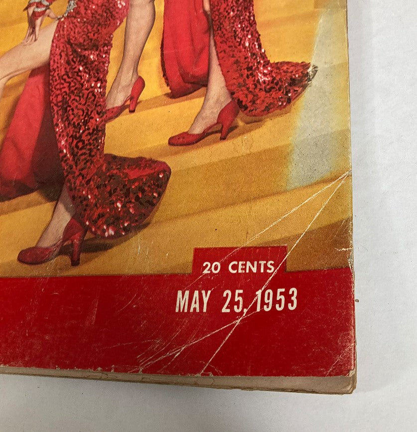 Cover of VTG Life Magazine May 25 1953 Vol 34 #21 featuring vibrant red sequined dresses worn by glamorous women, capturing a classic Hollywood moment.