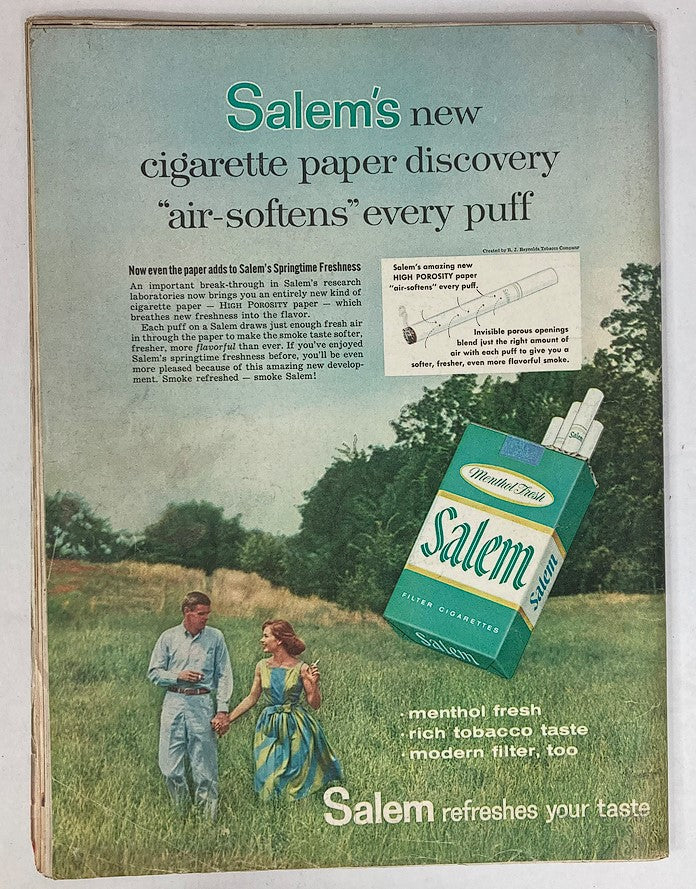 Back cover of VTG Life Magazine September 14 1959 promoting Salem cigarettes with a vintage advertisement featuring a couple in a scenic landscape.