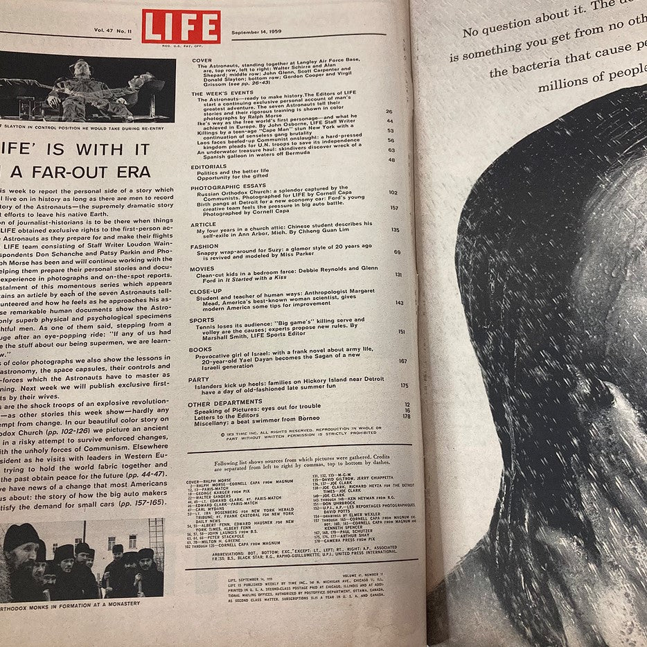 Inside page of VTG Life Magazine September 14 1959, detailing contents and articles including first-person reports by astronauts from the early era of space missions.