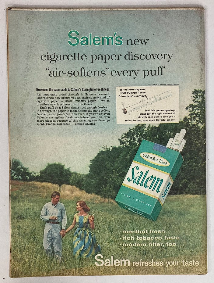 Vintage advertisement for Salem cigarettes featuring a couple in a field, promoting Salem's new high porosity cigarette paper for a smoother smoke experience. The ad highlights the menthol fresh taste and modern filter of Salem cigarettes, as part of the VTG Life Magazine September 14 1959 issue, Vol 47 #11.