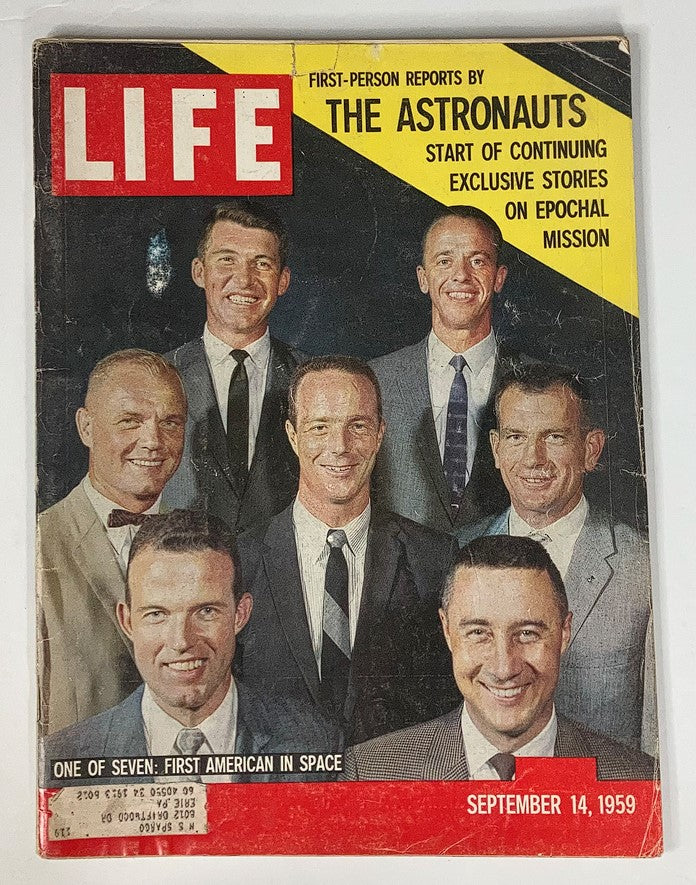 VTG Life Magazine September 14 1959 featuring '7 Man's Greatest Space Adventure' with astronauts on the cover, showcasing key figures in early American space exploration.