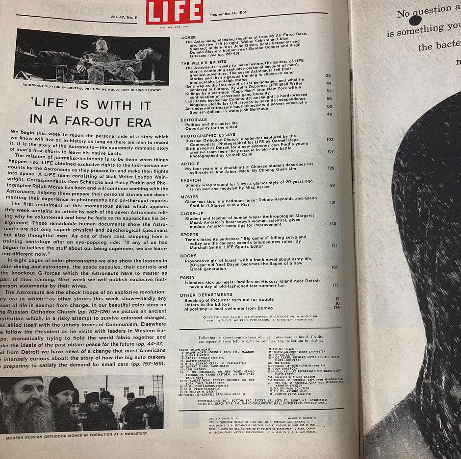 Interior page of VTG Life Magazine from September 14, 1959, showcasing the article titled 'Life is with it in a far-out era', highlighting astronaut activities, featured illustrations, and advertisements.