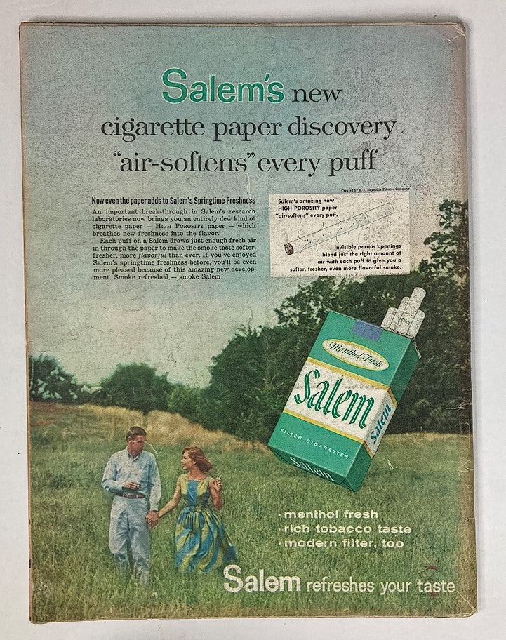 Back cover of VTG Life Magazine from September 14, 1959, featuring an advertisement for Salem cigarettes, promoting their new cigarette paper discovery that claims to enhance smoking freshness and flavor.
