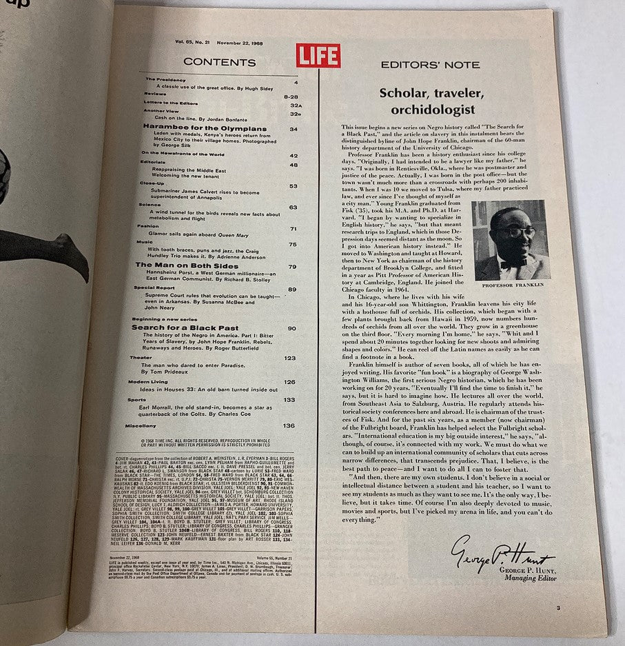 Contents page of Life Magazine, November 22, 1968, showcasing various articles including 'Search for a Black Past' in Volume 65, Issue 21, highlighting a new series on Negro History.
