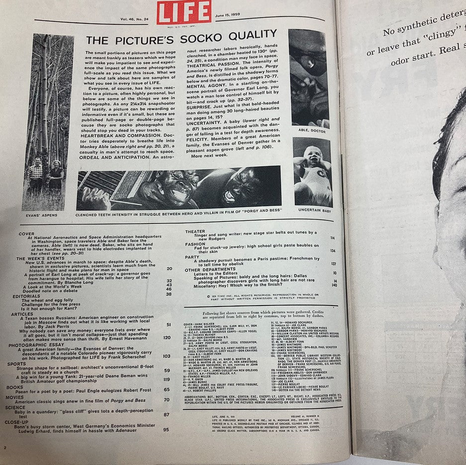 Interior page of VTG Life Magazine June 15 1959 Vol 48 #24, highlighting articles and features including a segment on monkeys Able and Baker.