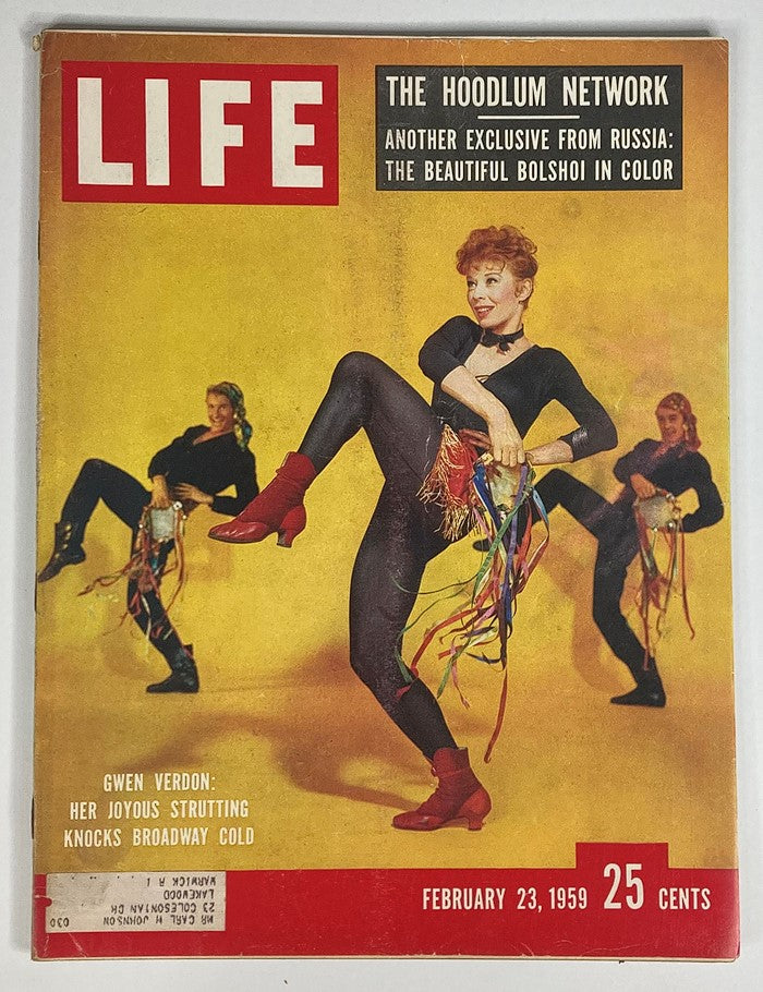 VTG Life Magazine February 23 1959, Volume 46, Issue 8, featuring Gwen Verdon on the cover with a vibrant performance pose related to the Hoodlum Network.