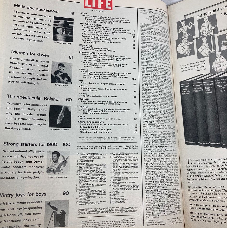 Interior page of VTG Life Magazine February 23, 1959, Vol 46 #8 featuring articles and content overview, including Gwen Verdon's Triumph and cultural insights from the 1950s.