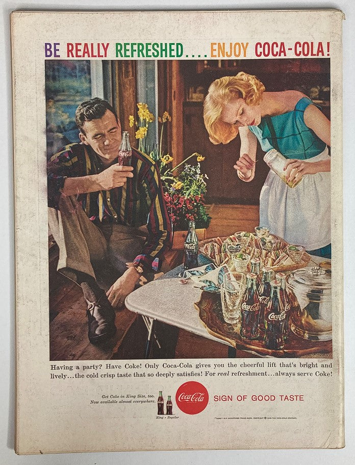 Back cover advertisement of VTG Life Magazine February 23, 1959, Vol 46 #8 promoting Coca-Cola with a refreshing party scene featuring a man and woman enjoying drinks.