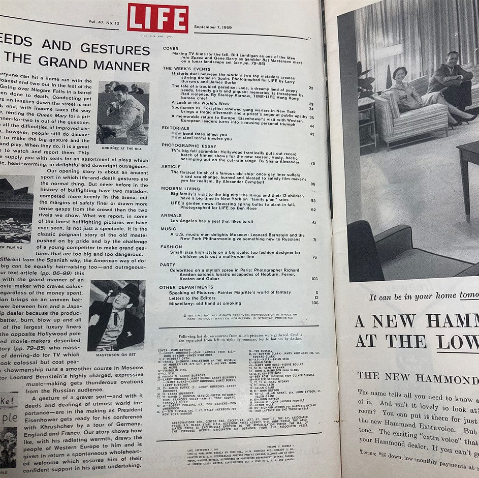 Inside page of VTG Life Magazine September 7, 1959, displaying the table of contents and editorial sections.