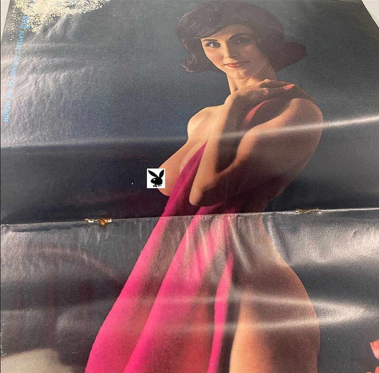 Inside centerfold from Playboy Magazine October 1962, featuring Playmate of the Month Laura Young draped in a pink fabric accentuating her elegance.