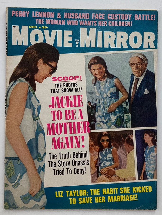 VTG Movie Mirror Magazine December 1969 Vol 14 #2 cover featuring Jackie Kennedy Onassis and Ari Onassis with headlines about celebrity news.