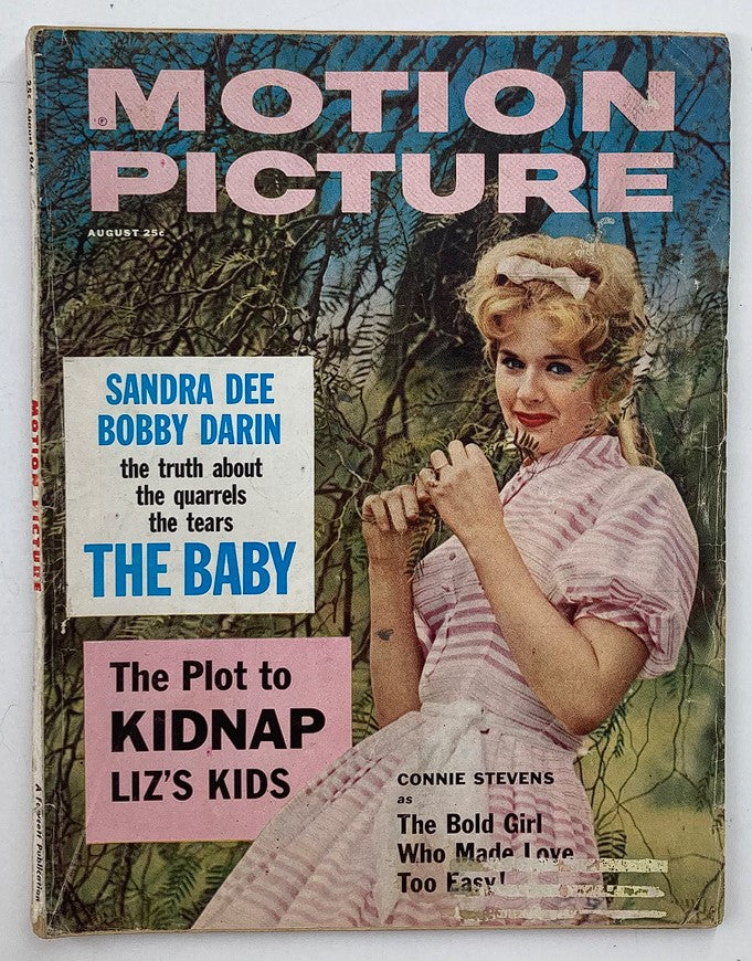 VTG Motion Picture Magazine August 1961 featuring a portrait of Connie Stevens on the cover, showcasing the glamour of classic Hollywood with a pink and blue color scheme.