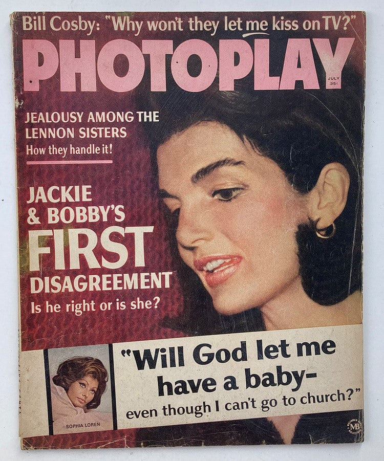 VTG Photoplay Magazine July 1966 Vol 70 #1 featuring Jackie Kennedy on the cover, highlighting her and Bobby Kennedy's first disagreement, a nostalgic piece of Americana.