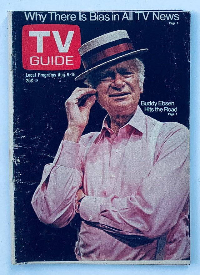 TV Guide Magazine August 9 1975 cover featuring Buddy Ebsen in a pink shirt and hat, highlighting a nostalgic piece of television history.
