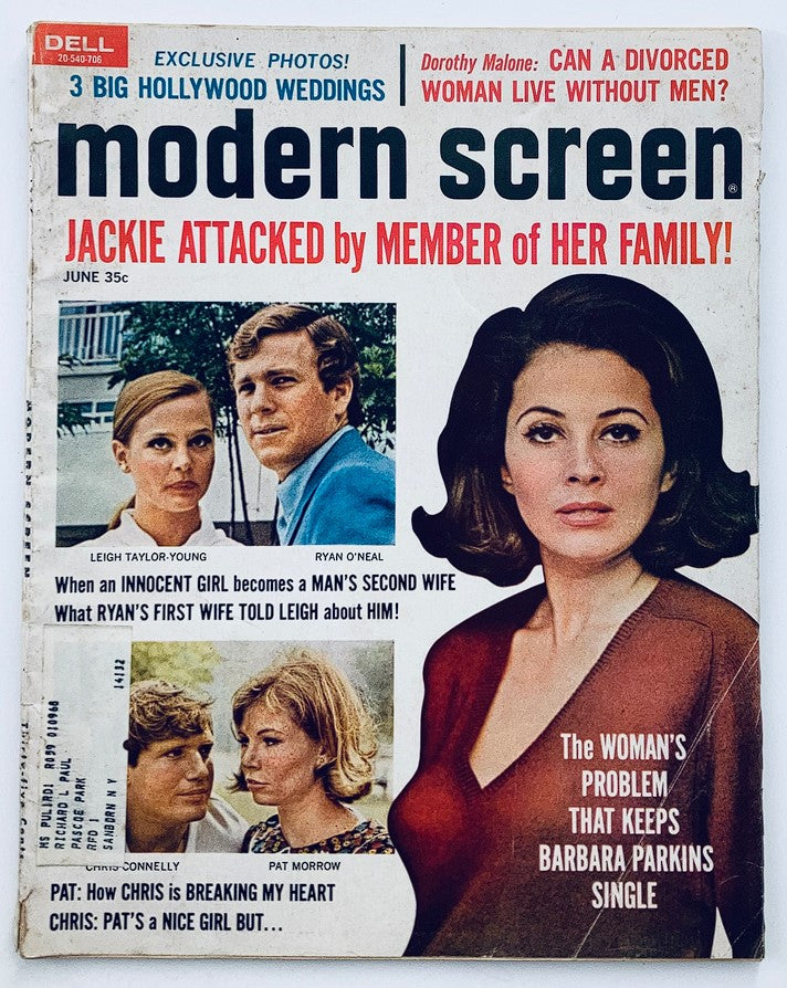 VTG Modern Screen Magazine June 1967 cover featuring Leigh Taylor-Young and Ryan O'Neal, showcasing classic Hollywood glamour and cinema culture.