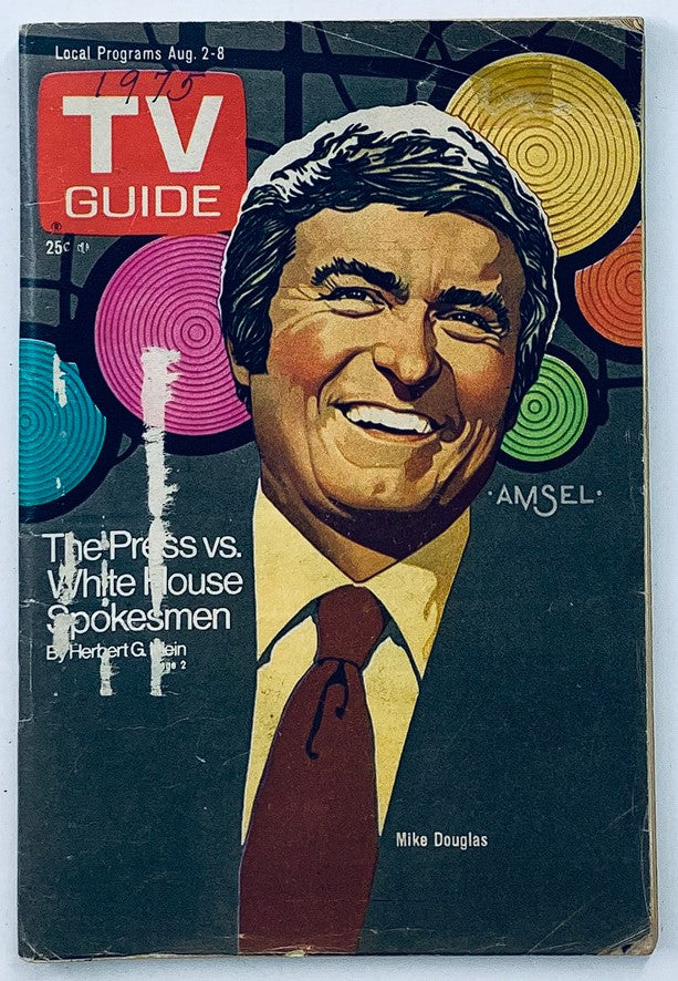 Cover of TV Guide Magazine August 2, 1975, featuring Mike Douglas, showcasing vibrant colors and bold graphics, highlighting the issue's focus on 'The Press vs. White House Spokesmen.'