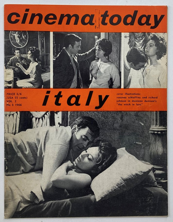 Cover of VTG Cinema Today Magazine 1966 Volume 2 No. 3 featuring Rosanna Schiaffino and Richard Johnson, showcasing black-and-white illustrations and orange accents, perfect for vintage magazine collectors and film enthusiasts.