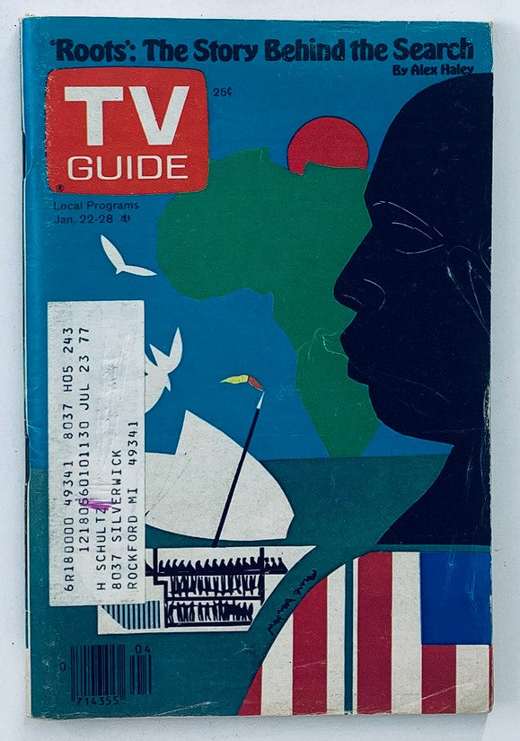 Cover of TV Guide Magazine January 22, 1977, featuring the headline 'Roots: The Story Behind the Search' by Alex Haley. The design includes a silhouette and colorful abstract elements, capturing the essence of 1970s television culture.