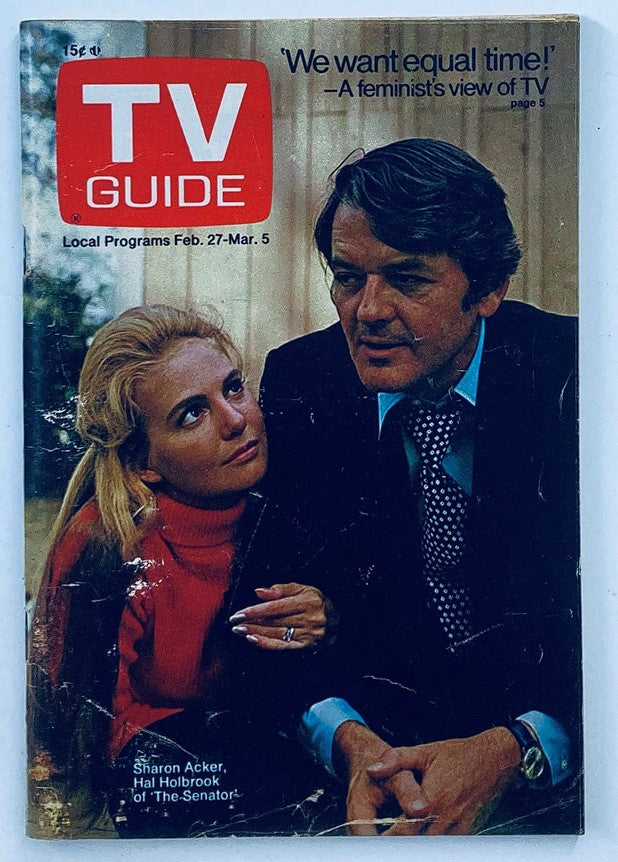 TV Guide Magazine February 27 1971 featuring actress Sharon Acker and actor Hal Holbrook, showcasing a cover story on feminist views in television.