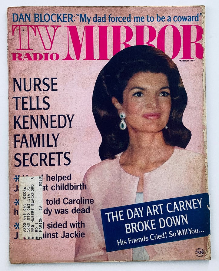 Cover of the VTG TV Radio Mirror Magazine from March 1966 featuring Jackie Kennedy and Dan Blocker, highlighting Kennedy family secrets and featuring a poignant headline about Art Carney.
