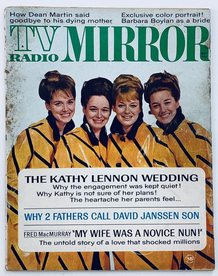 Cover of VTG TV Radio Mirror Magazine May 1967 featuring The Lennon Sisters in matching yellow outfits. Highlights include articles on Kathy Lennon wedding and Fred MacMurray.