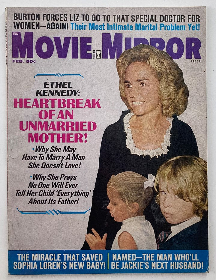 Cover of VTG Movie Mirror Magazine February 1973 featuring Ethel Kennedy, with bold headlines discussing her personal story and family life.