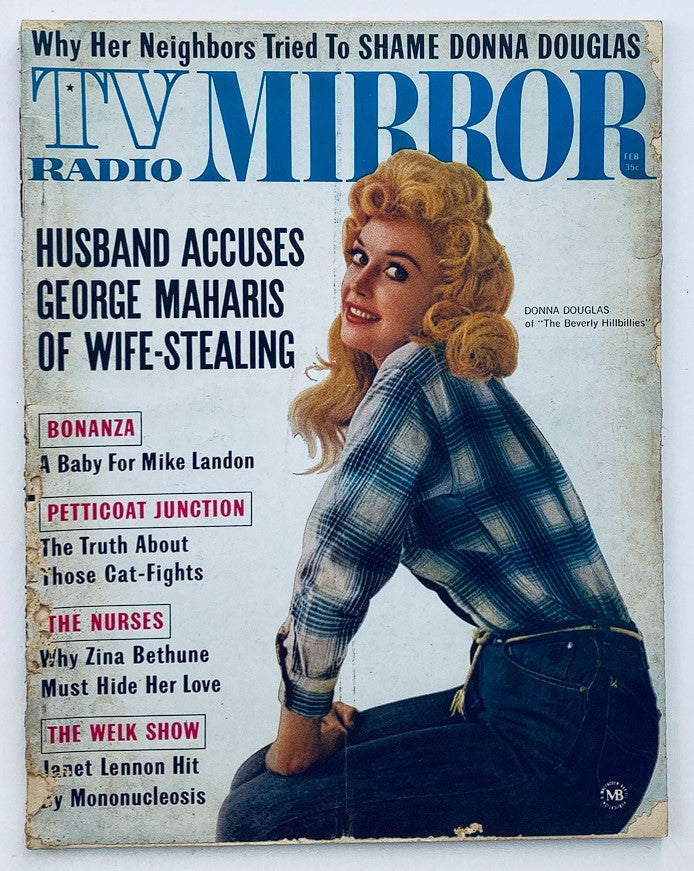Cover of VTG TV Radio Mirror Magazine February 1964 featuring Donna Douglas with the headline about husband accusations and articles related to classic television shows.