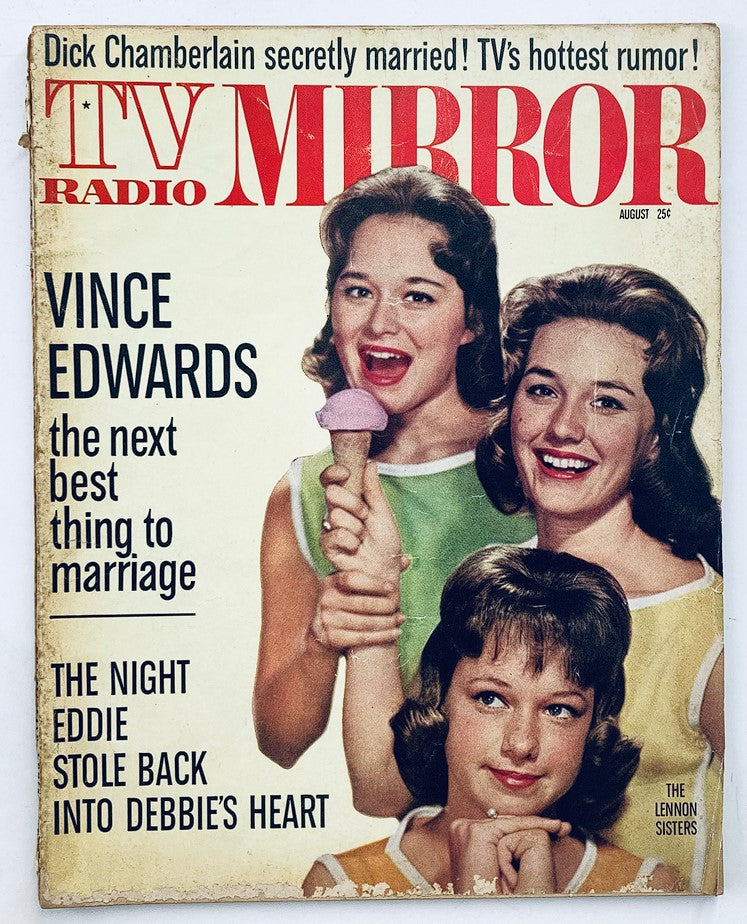 Vintage TV Radio Mirror Magazine August 1962 featuring The Lennon Sisters on the cover with advertisements and headlines of the era.