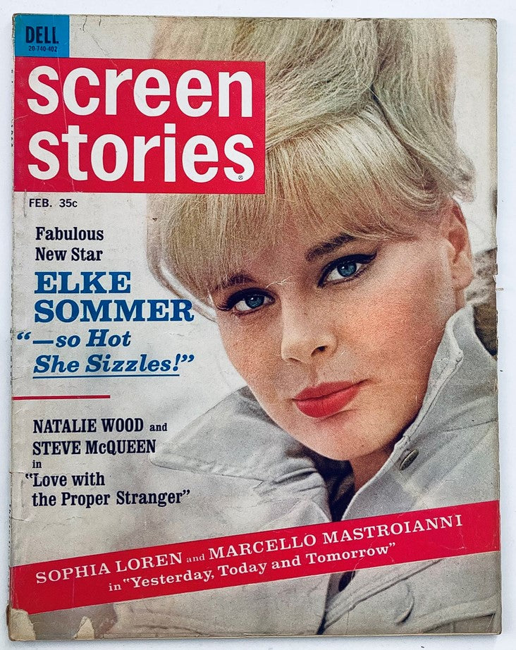 VTG Screen Stories Magazine February 1964 cover featuring Elke Sommer with the headline 'Fabulous New Star - so Hot She Sizzles!' alongside mention of Sophia Loren and other stars.