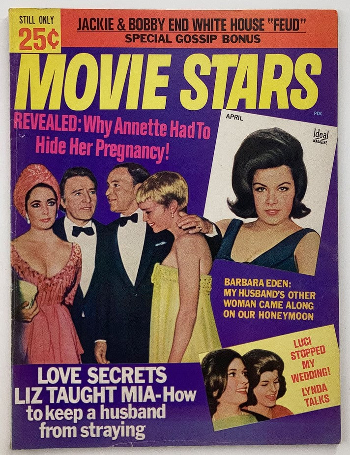 VTG Movie Stars Magazine April 1967 cover featuring celebrity gossip, headlines about Elizabeth Taylor and Mia Farrow, and iconic Hollywood visuals.