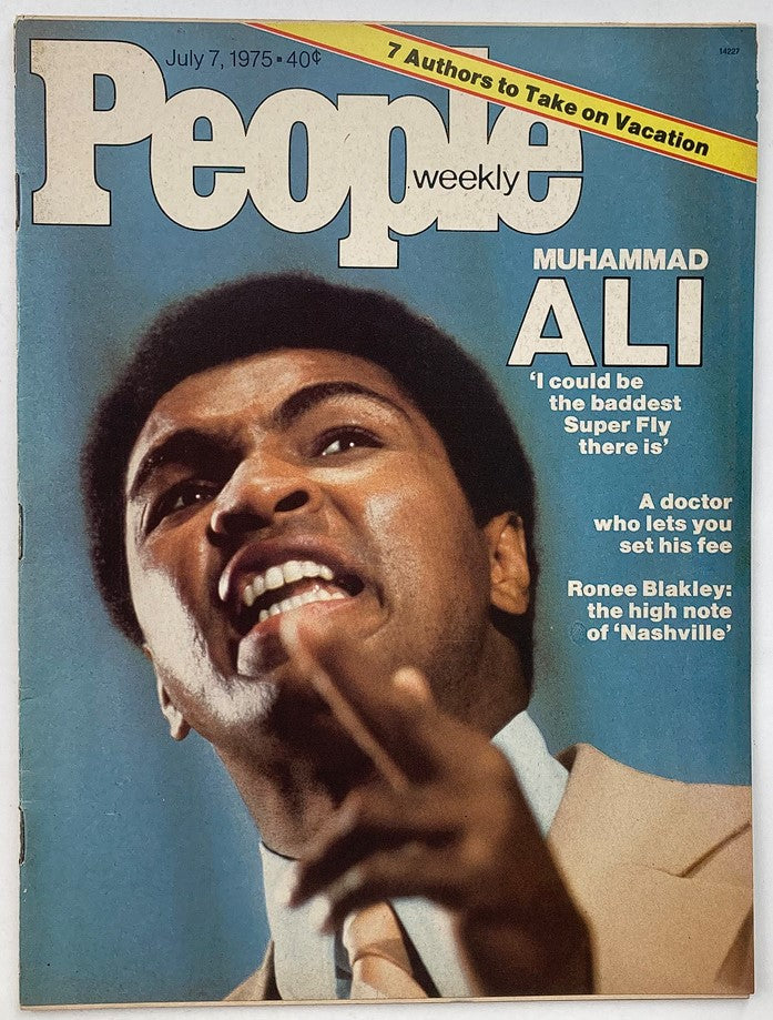 Cover of VTG People Weekly Magazine dated July 7, 1975, featuring Muhammad Ali. The magazine highlights Ali's iconic presence with a dramatic image of him speaking passionately. This collectible issue is Volume 4, Issue 1, showcasing the spirit of the 1970s and celebrating Ali's influence in sports and culture.