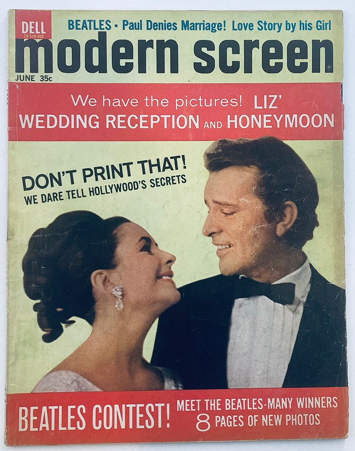 VTG Modern Screen Magazine June 1964 featuring Elizabeth Taylor and Richard Burton on the cover, highlighting their wedding reception and honeymoon.