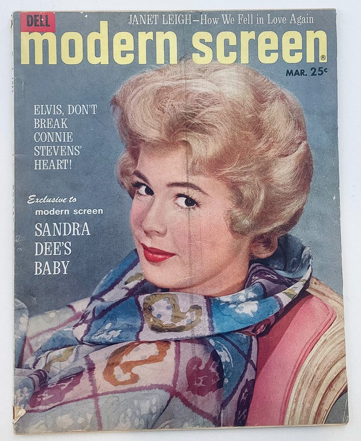 Vintage March 1962 Modern Screen Magazine featuring Janet Leigh on the cover, highlighted with the text 'ELVIS, DON'T BREAK CONNIE STEVENS' HEART!' and showcasing 1960s Hollywood glamour.