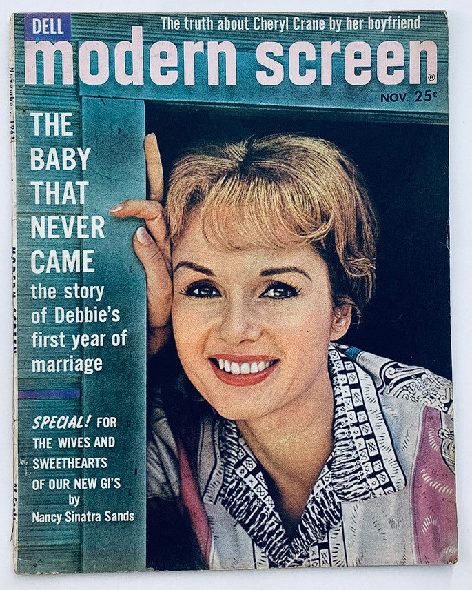Cover image of VTG Modern Screen Magazine from November 1961 featuring Debbie Reynolds, highlighting the article 'The Baby That Never Came' about her first year of marriage.