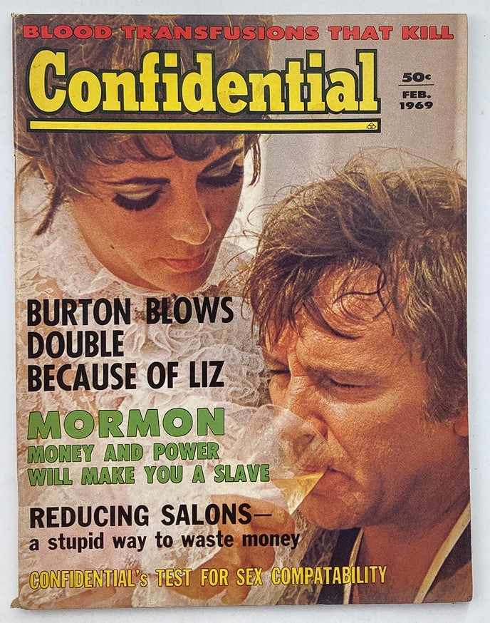 Cover of VTG Confidential Magazine February 1969 featuring Elizabeth Taylor and Richard Burton, with bold headlines discussing scandalous stories and celebrity culture of the 1960s.